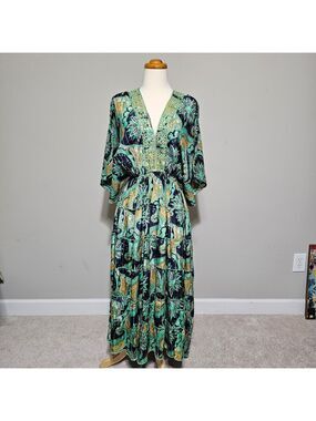 Turquoise Paisley Boho Maxi Dress Kimono Sleeves Small